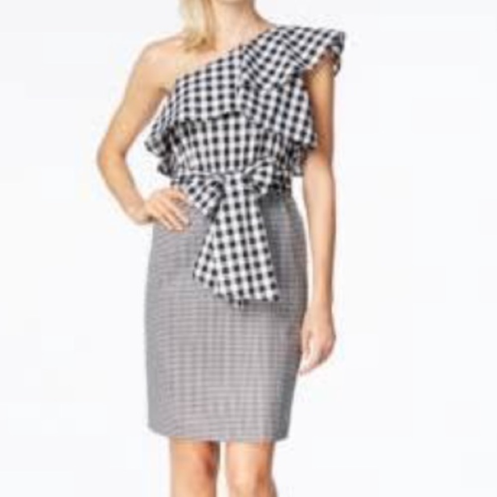 Calvin Klein Ginham one shoulder ruffle dress